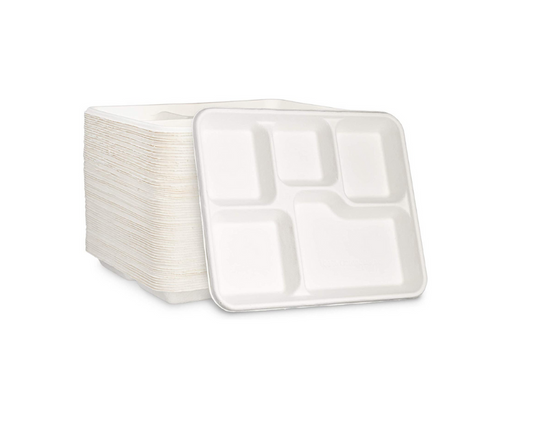 5 compartment square Disposable Bagasse Plates - Large 10" x 8"